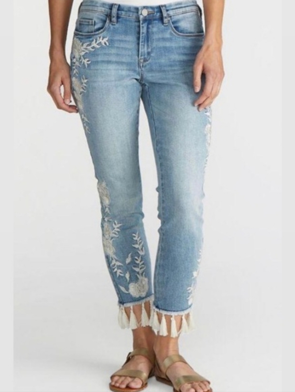 Coco + Carmen Jeans Womens Size S/M floral Embroidered Tassel Fringe Skinny Crop